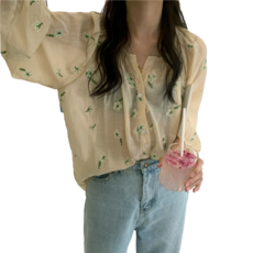 데이홀릭 꽃자수 시스루 블라우스
