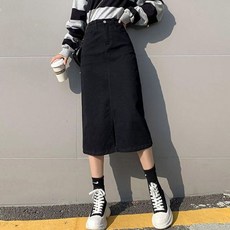 여성 A라인 앞트임 날씬핏 면 데님 블랙 스커트x869zz