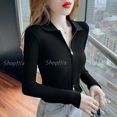 샵플릭스 여성용 섹시 블랙 니트 티셔츠 크롭티 카라티