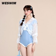  모노키니 귀여운 a컵 하늘색 밝은 비키니 수영복 뱃살커버 비치웨어 원피스 블라우스, L, 블라우스 포함 