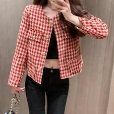 하운드투스 체크 레드 코트 여 가을 새해 고급스러운 분위기의 숏 체크 정장