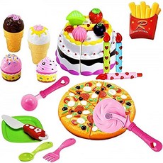 FUNERICA 척 게임 음식 자르기 장난감 피자 아이스크림 감자 튀김 장난감 생일 케이크 아름다운 플라스틱 보관 상자 포함 완전한 어린이 장난감 디저트 세트, 본상품