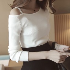 오프숄더니트 가을옷 숏스타일 오프숄더 마음 상의 민소매 일자핏 긴팔 여성스웨터 슬림핏 단색 언더셔츠 니트