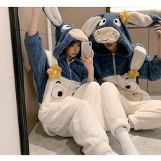 커플 수면 잠옷 세트 파자마 동물 빅사이즈 극세사 후드 잠옷 겨울