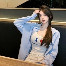 코니 블루 루즈핏 긴소매 여름 셔츠 블라우스