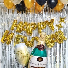 파티온 신년 연말 새해 파티 해피뉴이어 HAPPY NEW YEAR 풍선세트, 이니셜(로즈골드)+은박커튼(로즈골드)+반짝이(골드)