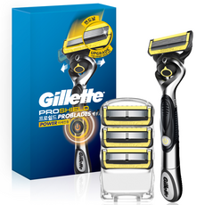 Gillette 吉列 Pro Shield Yellow Power刮鬍刀手柄+替換刀片 4入組, 1組