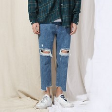 블루빈 남자 데님 청바지 컷팅 데미지 워싱 바지 디스트로이드진