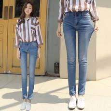 플레이팝 여성용 블루 워싱 데미니지 일자 청바지