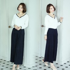 네이비 주름 통팬츠 와이드팬츠 여성팬츠 밴딩바지