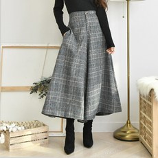 [이쁘네] 겨울케이트치마바지 밴딩 모직 도톰 편한 와이드 팬츠 바지 통넓은 고무줄 빅사이즈 체크 도톰한 가을 겨울 미시룩 치마바지 치마통바지 나팔바지 부츠컷 여성 편한바지