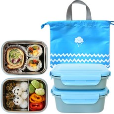 클린 스텐도시락2단 + 주머니 세트, 04_이중스텐도시락2단+파우치_블루