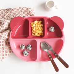 에이드엘 롤리 실리콘 유아식판세트, 크림핑크 + 코랄레드, 식판 + 세칸 나눔 접시