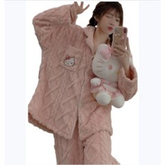 핑크 키티 캐릭터 니트 극세사 잠옷 긴팔 긴바지 상하의세트 파자마 여성 홈웨어 내복 이지웨어