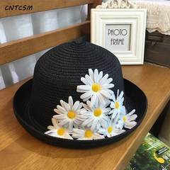 CNTCSM 밀짚모자 아기 데이지 여 여름 아기 상큼 귀여운 전원풍 꽃 모자 사진 촬영 바캉스 롤업 비치 모자