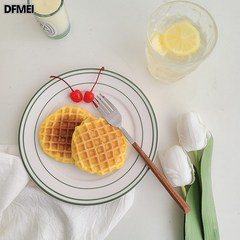 DFMEI 빈티지 심플 핸드페인팅 라인 아침 디저트 접시 과일접시, 빈티지라인접시-그린, 지름 21cm 높이 2cm, 1개