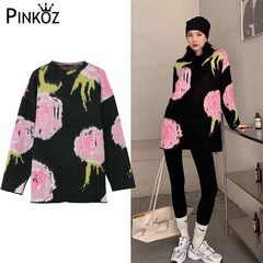 Pinkoz-루즈한 가을 캐주얼 풀오버 여성 핑크 플라워 블랙 스웨터 긴 소매 라운드넥 패션 히트 칼라 니