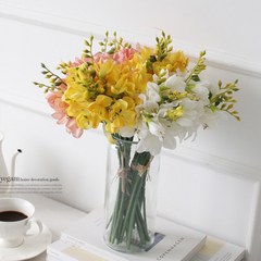 cocooning 화려한 후리지아 프리지아꽃 번들 노랑 화이트 피치 조화꽃, 옐로우