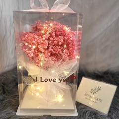 [무료 레터링+잎카드+LED] 프리저브드 드라이플라워 안개 꽃다발 플라워 박스 선물, 베이비핑크