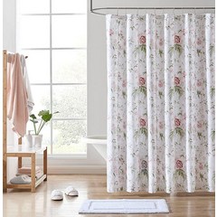 Laura Ashley 홈 - 샤워 커튼 버튼 홀드 탑이 있는 세련된 욕실 장식 우아한 꽃무늬 홈 데코 (앰벌리 블랙 182.9cm x 182.88cm), Breezy Pink, Breezy Pink