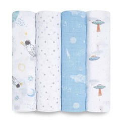 Aden + anais 에센셜s 여아 및 남아용 모슬린 포대기 담요 속싸개를 위한 신생아 목욕 100% 면 아기 랩 4팩 블러싱 버니173994, Space Explorers