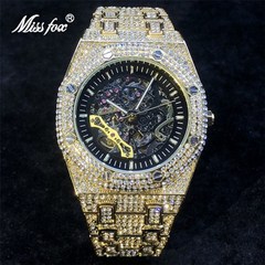 Missfox 전체 다이아몬드 자동 기계식 시계 남성 럭셔리 스틸 스켈레톤 시계 힙합 아이스 아웃 뚜르비옹 손목 시계 선물