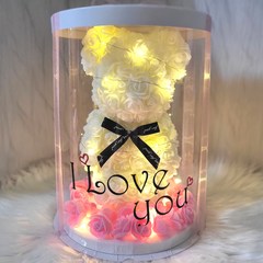 서있는 장미 곰돌이 로즈베어 플라워 기념일 선물 [글씨레터링/LED/꽃밭포함], 화이트