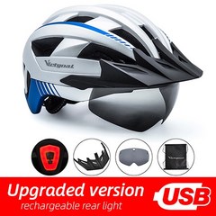 Victgoal 자전거 헬멧 LED Moutain Road USB 충전식 라이트 사이클링 헬멧 남성용 Sun Visor 고글 남성용 MTB Bike Headgear, 실버 USB LED