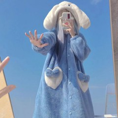 시나모롤 후드 극세사 롱 코트 원피스 잠옷 (블루) 산리오 캐릭터 겨울 코트형 수면 파자마