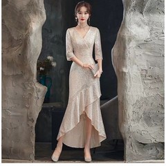 FANSYLI 파티 이브닝 스커트 여성 패션 브이넥 머메이드 드레스 고급스러운 반짝이 파티 드레스 공연 드레스 통근 원피스 X8A26