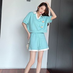 여성 여름 반팔 운동복 패션 반팔 루즈핏 브이넥 티셔츠 반바지 운동 상하 세트