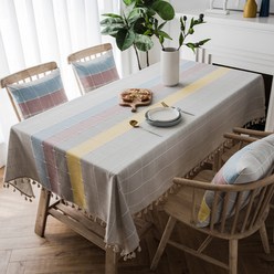 알럽홈 라인 컬러 포인트 패브릭린넨 식탁보, 태슬컬러, 120 x 160 cm