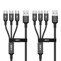 SKY 비트 27W 3in1 USB to C타입 고강도 패브릭 멀티 고속 충전 메탈 케이블, 120cm, 블랙, 2개
