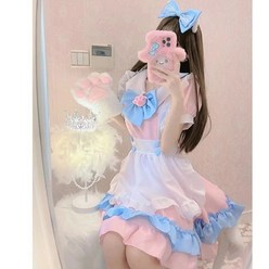 핫스윗 메이드복 고양이 리본 드레스 핑크 블루 반팔 코스프레 의상