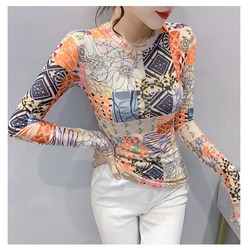 미미투 BT1841 여성 패턴티셔츠 타이트핏 쫄티 스판쫀쫀 봄가을 긴팔
