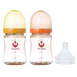 플로라(plora) 150ml(PP) 200ml(PPSU) 300ml (PPSU)프리미엄 젖병1+1 유두실감젖꼭지 젖병, 200ml오렌지+옐로우, 느린단계(1~3개월)