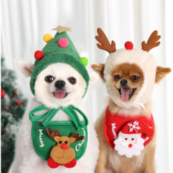 큐앤캐롯 귀여운 크리스마스 강아지 케이프 모자 세트 강아지옷, 초록 루돌프턱받이+트리모자세트(S)