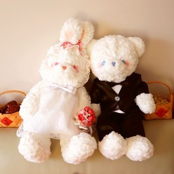 (당일출고)힐링제작소 뽀글이 토끼 인형 곰돌이 인형 선물 세트 인테리어 소품, 웨딩토끼+웨딩곰돌이 부부