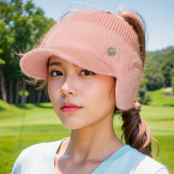 새론일상 여성 방한 귀도리 니트 골프 썬캡 모자, 핑크, 1개