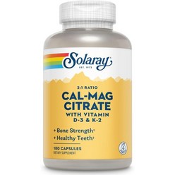 Solaray Cal-Mag Citrate 2:1 with D-3 & K-2 Capsules 180 Count, 180 Count (Pack of 1)