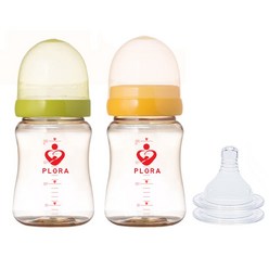 플로라(plora) 150ml(PP) 200ml(PPSU) 300ml (PPSU)프리미엄 젖병1+1 유두실감젖꼭지 젖병, 200ml그린+옐로우, 빠른단계(6~18개월)