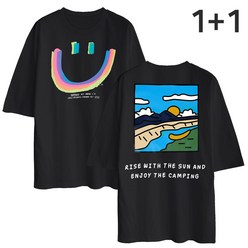 2장세트 1+1 5부 오버핏 반팔티 리버캠핑+컬러스마일 남녀공용 반팔 티셔츠
