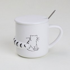 [쿡차 고양이 머그컵] 귀여운 홈카페 도자기 머그잔+머그 컵 뚜껑, 1개, 화이트-멍때리냥