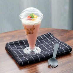 일회용 컵 투명 용기 파르페 아이스크림 요거트 카페, 100개, G. 검정색 바닥 뚜껑 숟가락 포함 100개
