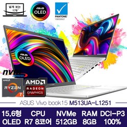 에이수스 2021 VivoBook 15 OLED 15.6, 투명실버, 라이젠7, 512GB, 8GB, Free DOS, M513UA-L1251