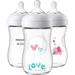 Philips Avent Natural Baby Bottle pink accents 필립스 아벤트 내추럴 베이비 젖병 핑크 코끼리 260ml 3개입, 3개
