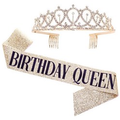 생일 어깨띠 + 티아라 왕관 세트 HG-19, 골드 퀸, 1세트