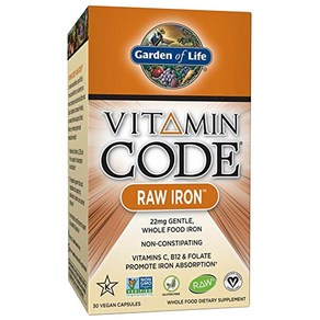 Gaden of Life 비타민 코드 로우 아이언 22mg 비건 캡슐, 1개, 30개입, 30정