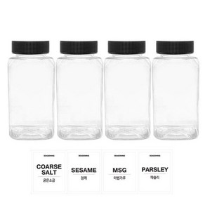 홈앤라이프 투명사각 PET 양념통 200ml 세트, 1세트, 양념통 4p + 검정캡 4p + 스티커 4p(굵은소금 + 참깨 + 마법가루 + 파슬리)