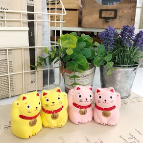 Countyitem 복 고양이 오브제 2종 x 2p세트, 노랑, 핑크